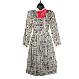 Vintage 80s Midi Dress Women Medium Petite Belted Printed Knit Red Bow Secretary